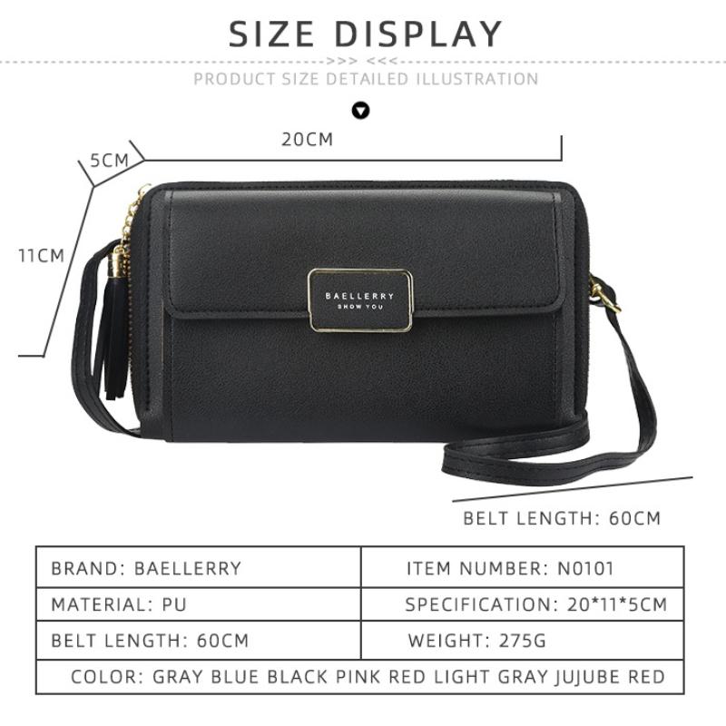 Baellerry Women's Fashion Long Wallet Multifunctional One Shoulder Bag Korean Style Bag Zipper Coin Purse Tassel Crossbody Bag Pu Leather Phone Bag