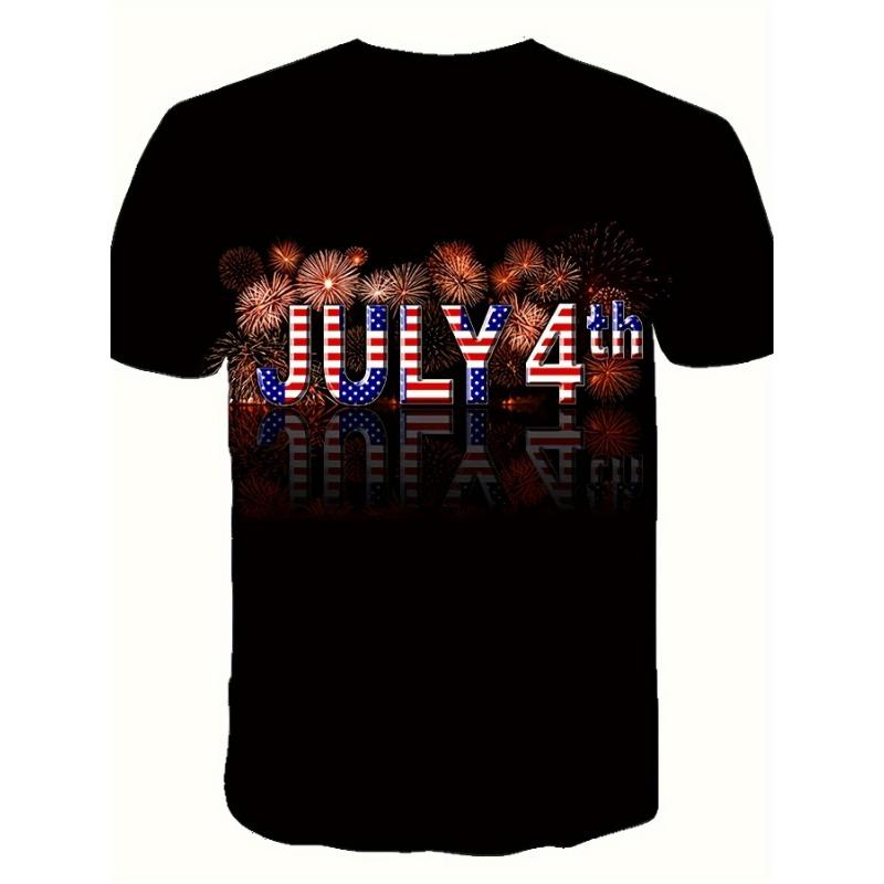 July 4th Men T-Shirt American Independence Day Fireworks Graphic Printed Short Sleeve Casual O-Neck Patriot Patriotic Tee Tops Summer Men s Clothing S чёрный