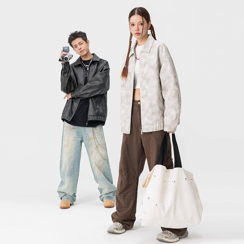 Autumn Couple Handsome Leather Jacket Trench Coat Couple Ruffian Handsome Loose Locomotive Cycling Clothes Trendy Men Trench Coat Leather Jacket