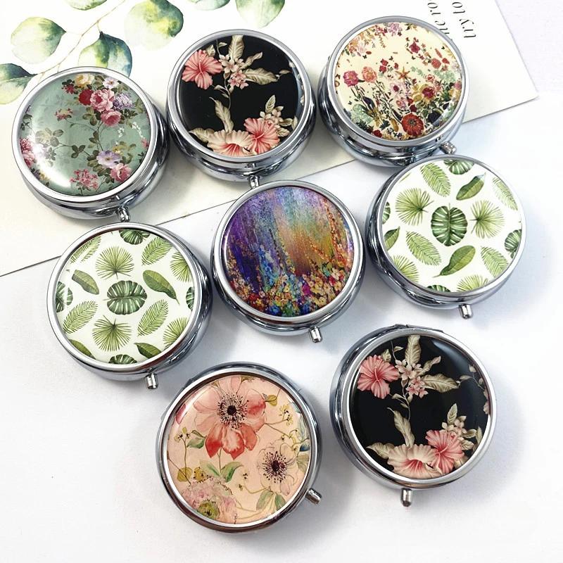 Metal Round Natural Flowers Pill Boxes Holder 3 Grids Medicine Case Small Portable Case Container Splitters