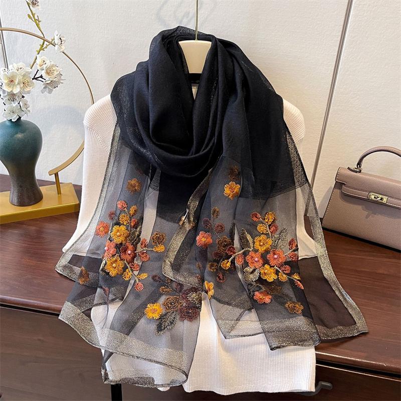 Silk Feeling Women Scarf Shawls Lady Wraps Bufanda Floral Pashmina Embroidery Scarves  Hijab Solid Long Female Bandana