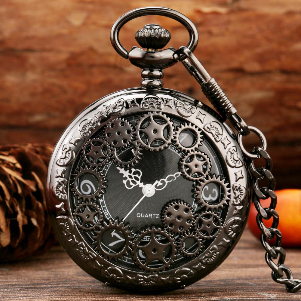 Antique Copper Steampunk Vintage Hollow Bronze Gear Hollow Quartz Pocket Watch Necklace Pendant Clock Chain Men's Women Gift