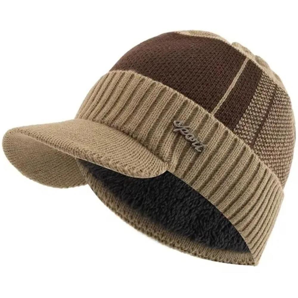 Unisex Classic Warm Winter Hat With Brim Plush Fur Lined Knit Cap Sports Label Thicken Winter Hats For Men Women