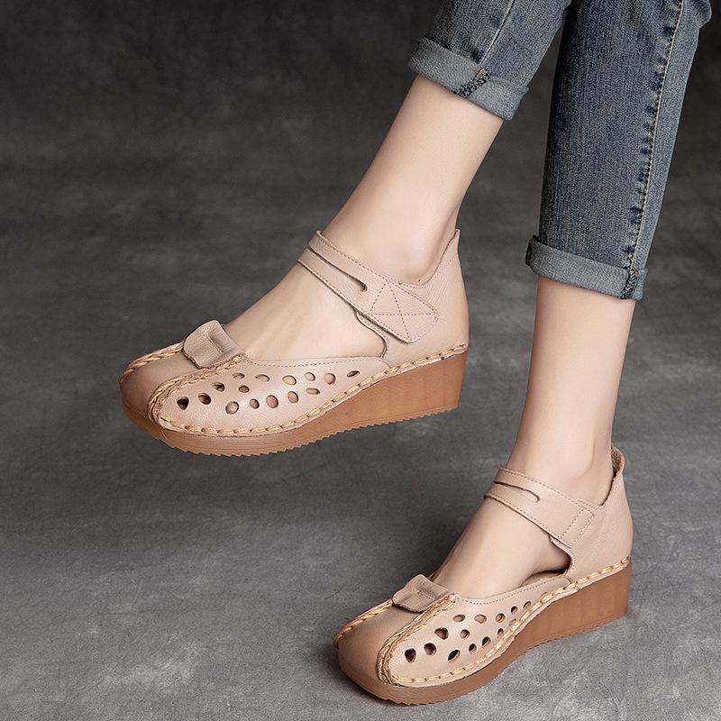 

Універсальні жіночі сандалі Johnature з натуральної шкіри на липучках у ретро стилі, зручні на танкетці 37 бежевий