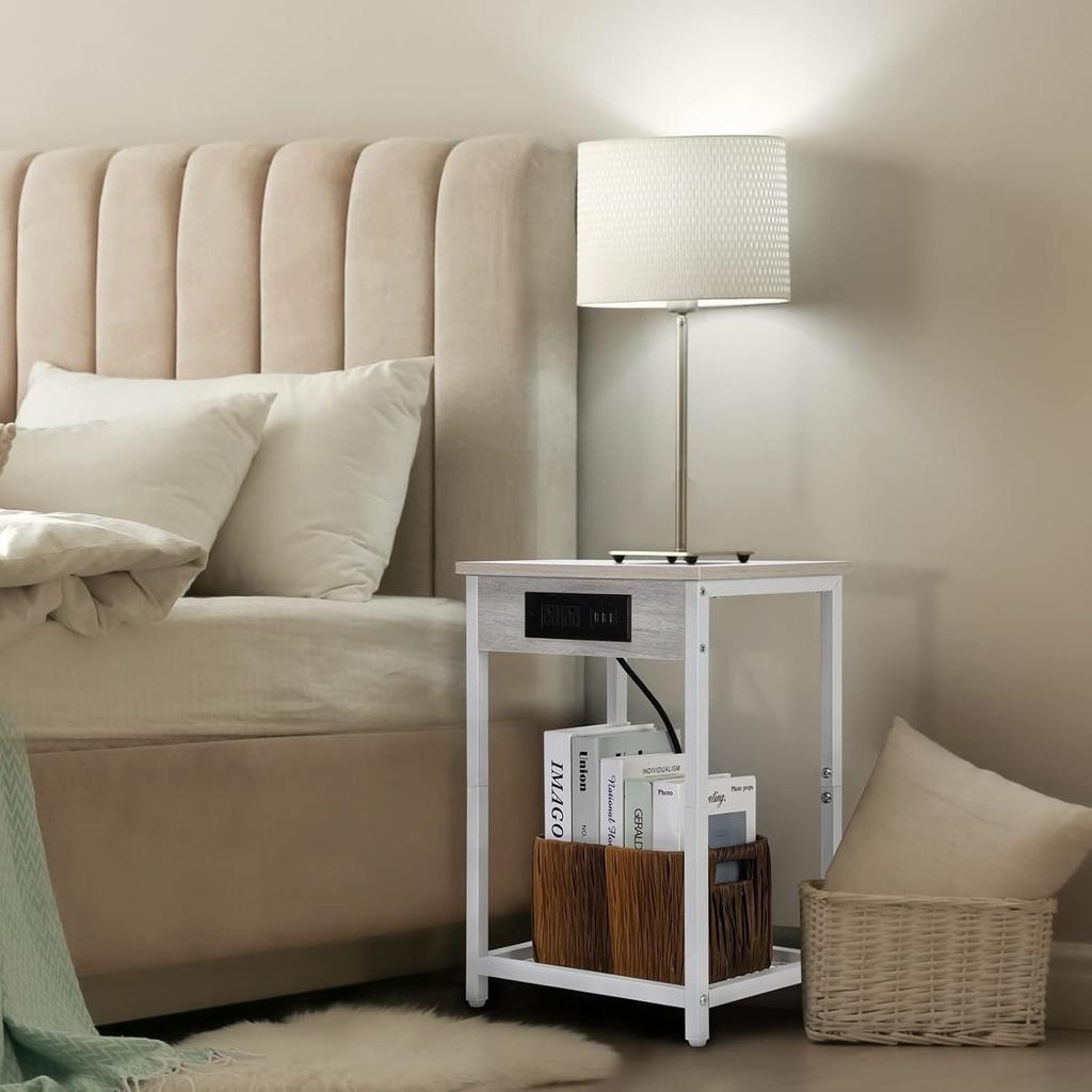 Narrow Nightstand W/ Charging Station - 2-Tier Light Maple White Bedside Table, USB Ports & Outlets + Storage Shelf
