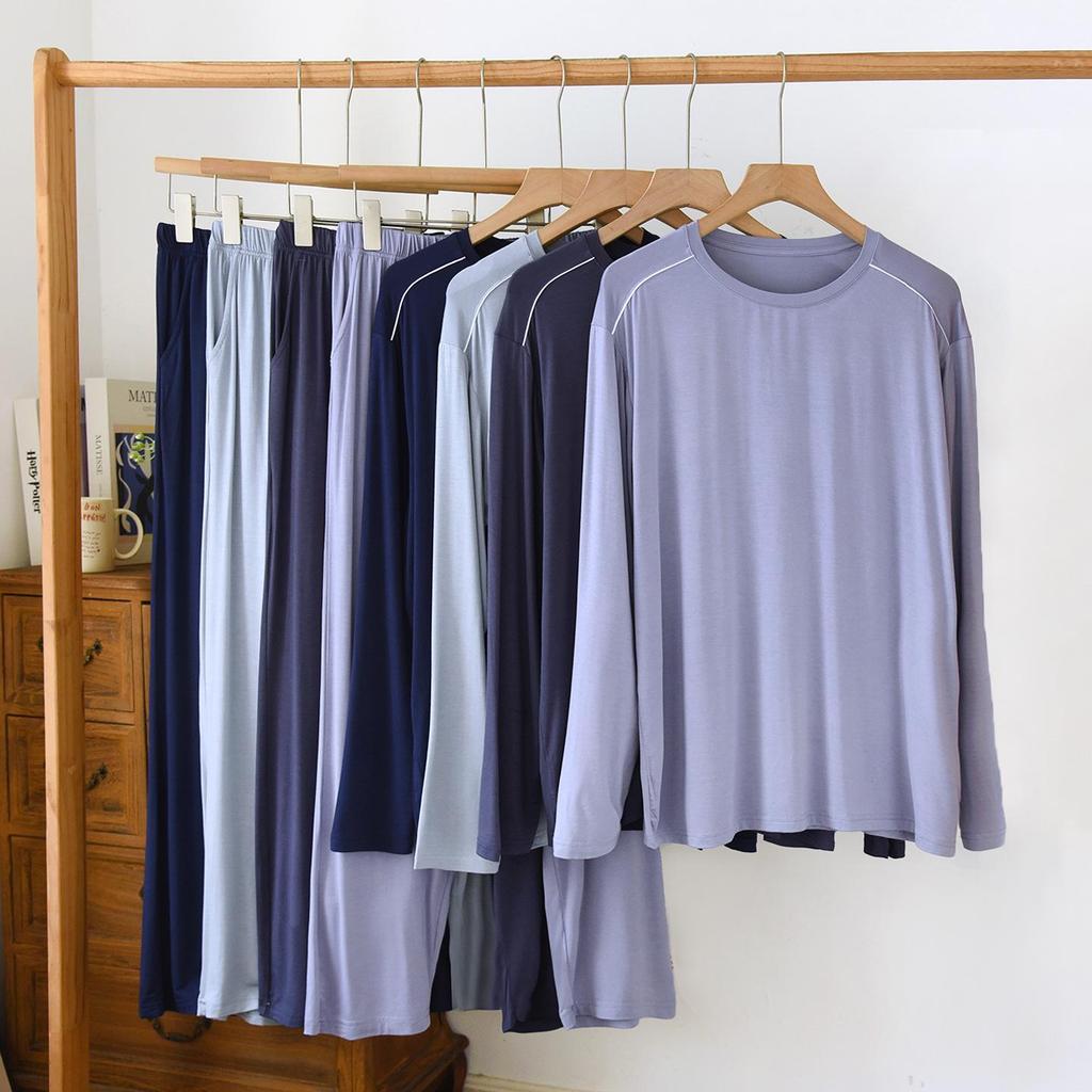 Men’s Casual Modal Pajamas Set: Long Sleeve & Pants with Pockets, Loose Fit, Plus Size, Perfect for Spring and Autumn