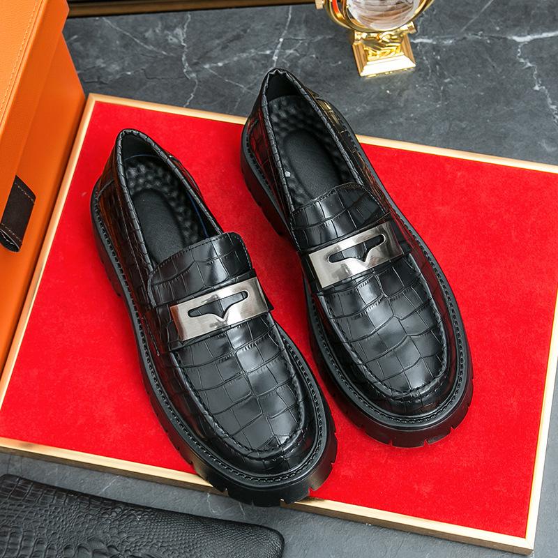 Men's Glossy Leather Thick-Soled Loafers - British Style Slip-On, Large Size, for Spring & Autumn