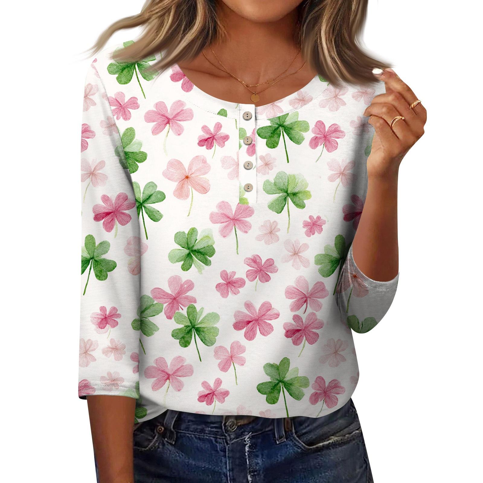 

3/4 Sleeves Shirts For Women Button Down Shirt Top For Women Half Button Down Print Graphic Blouse L