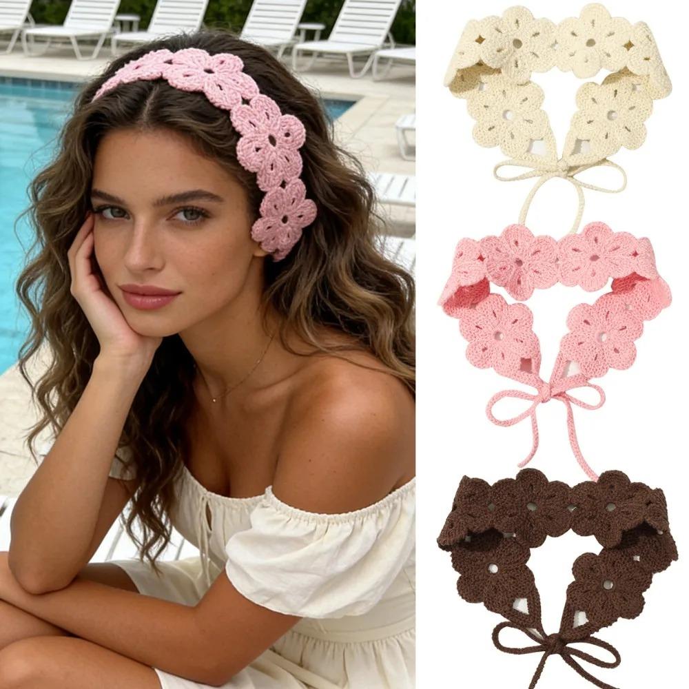 Solid Color Crochet Flower Headband Bohemian Solid Color Flower Headband Fashion Hair Tie Soft Polyester Headband Hair Accessory