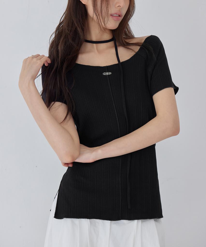 Leondeondada Pleated Pendant Boat Neck Short Sleeve T-Shirt, Black