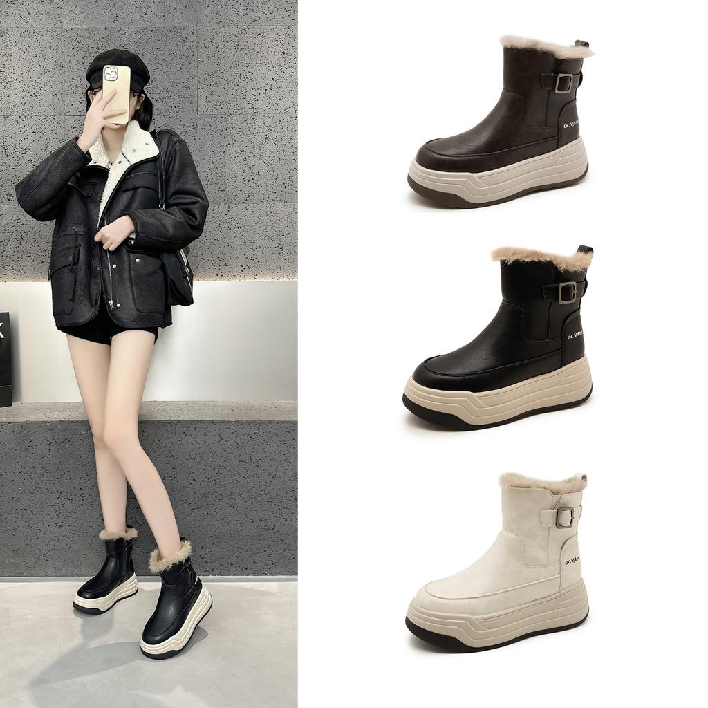 Leder-Plateau-Martinsstiefel Damen Herbst und Winter Neu Kleines Samt Britischer Retro Kurze Stiefel
