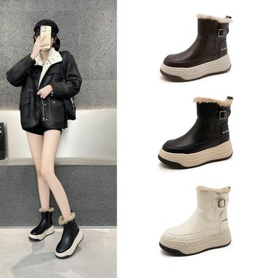 Leder-Plateau-Martinsstiefel Damen Herbst und Winter Neu Kleines Samt Britischer Retro Kurze Stiefel