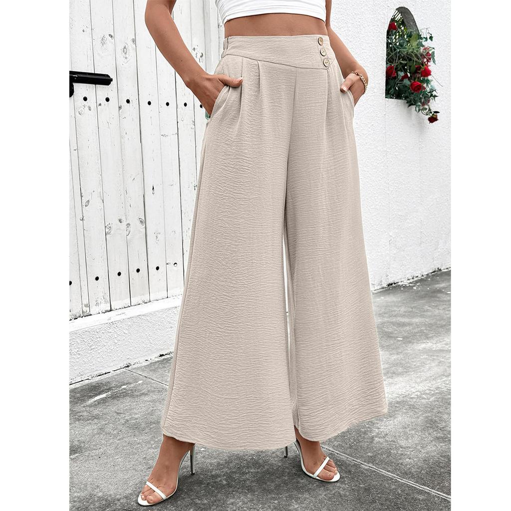 Women Elastic High Waist Pant Casual Fit Wide Leg Long Pants Trousers With Pockets