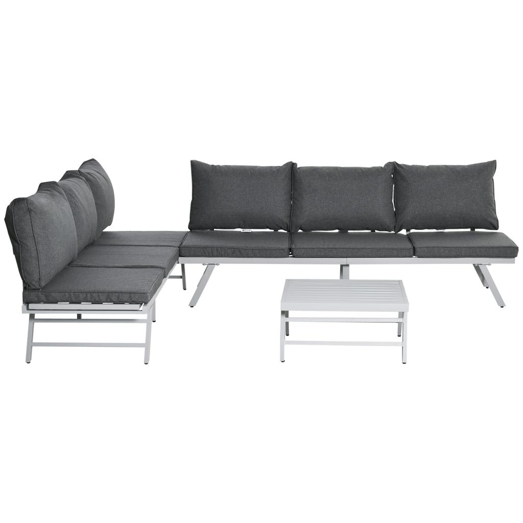 3 Pieces Garden Furniture Sets, 6 Seater Corner Sofa Set with Adjustable Backrest Chase Lounge with Slatted Metal Top Table, Padded Cushion, Grey