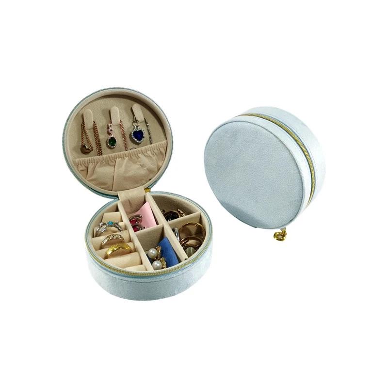 

Новая круглая фланелевая шкатулка для хранения ювелирных изделий, портативная дорожная шкатулка для ювелирных изделий, органайзер для колец, серег, браслетов, ожерелий, многофункциональный синий