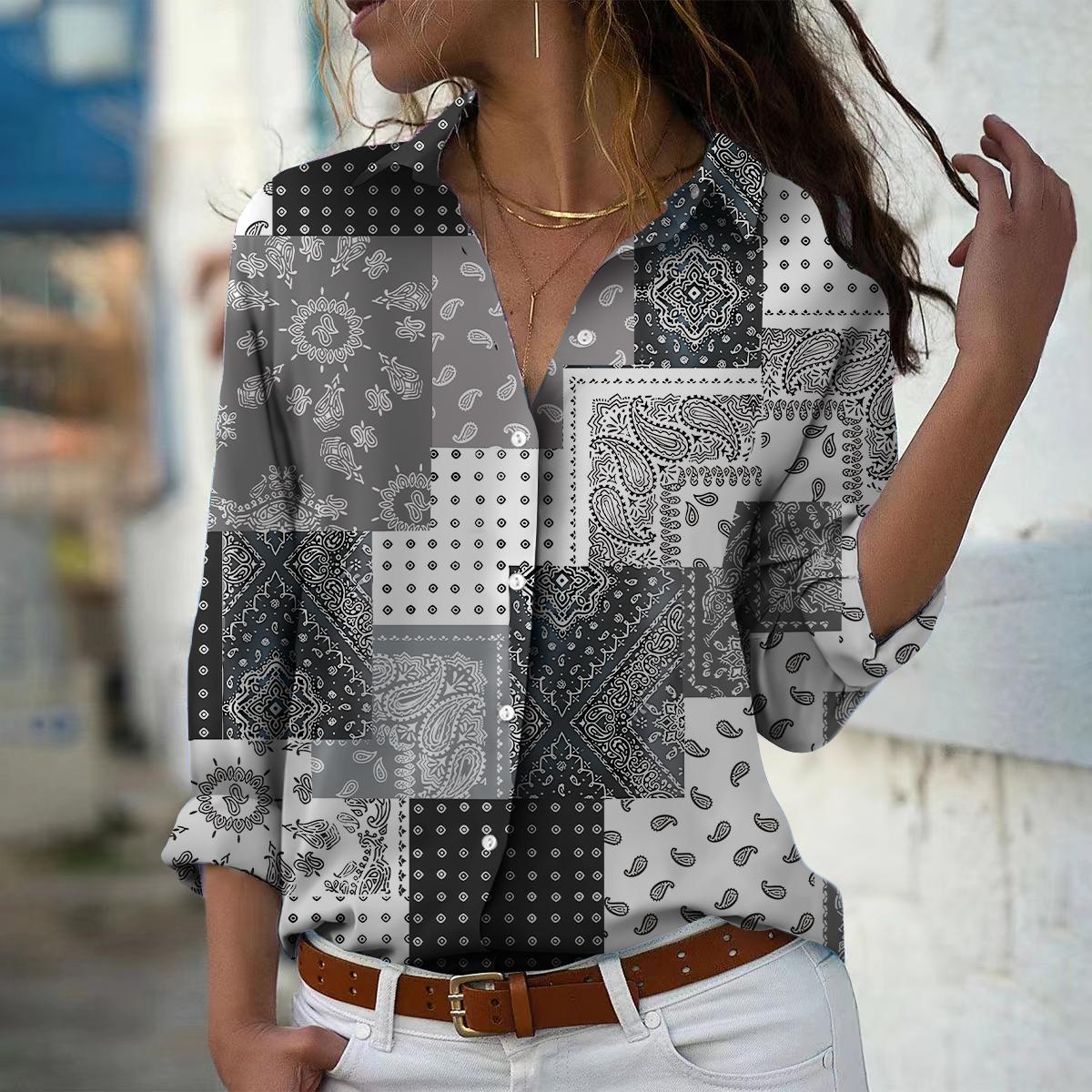 

Блузка женская с принтом кешью, весна-осень, женская, офисная, на пуговицах, с отложным воротником, рубашки 4XL серый