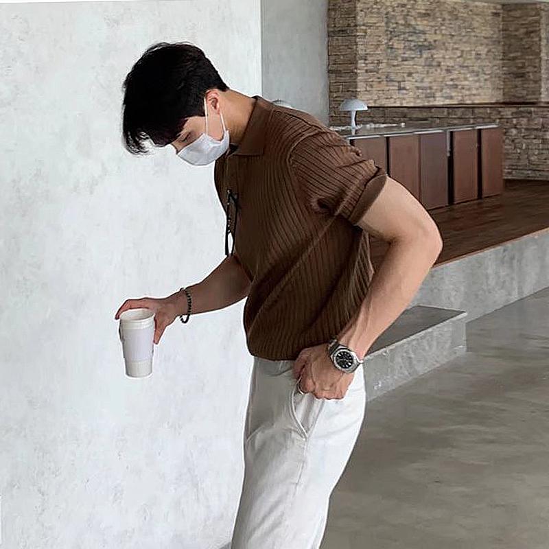 Summer Men's Clothing Retro Knit Lapel Striped Polo Shirt Solid Color Short Sleeve Fashion Light Luxury Popular Knitwear