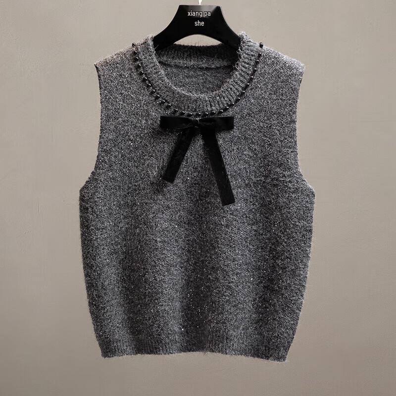 

Женский вязаный жилет с круглым вырезом и бантом One Size