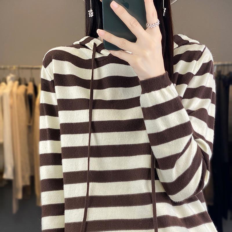Women S Striped Hooded Sweater Loose Casual Fit Pullover