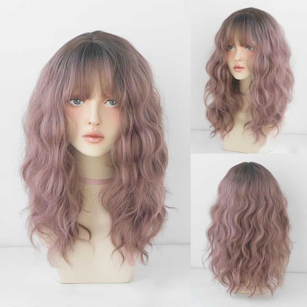 Lange Lockige Haare Damen Perücke mit Pony Täglich Braun Schwarz Rosa Lolita Cosplay Geflochtene Perücken Hitzebeständige Faser Party Kunsthaar