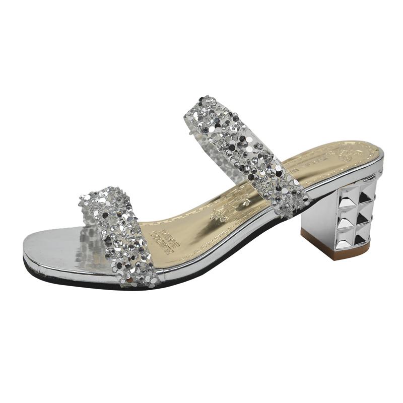 Fashion Women's Chunky Heel Sandals Summer New Round Head Open-toe Crystal with Anti-slip and Wear-resistant Mid-heel Slippers