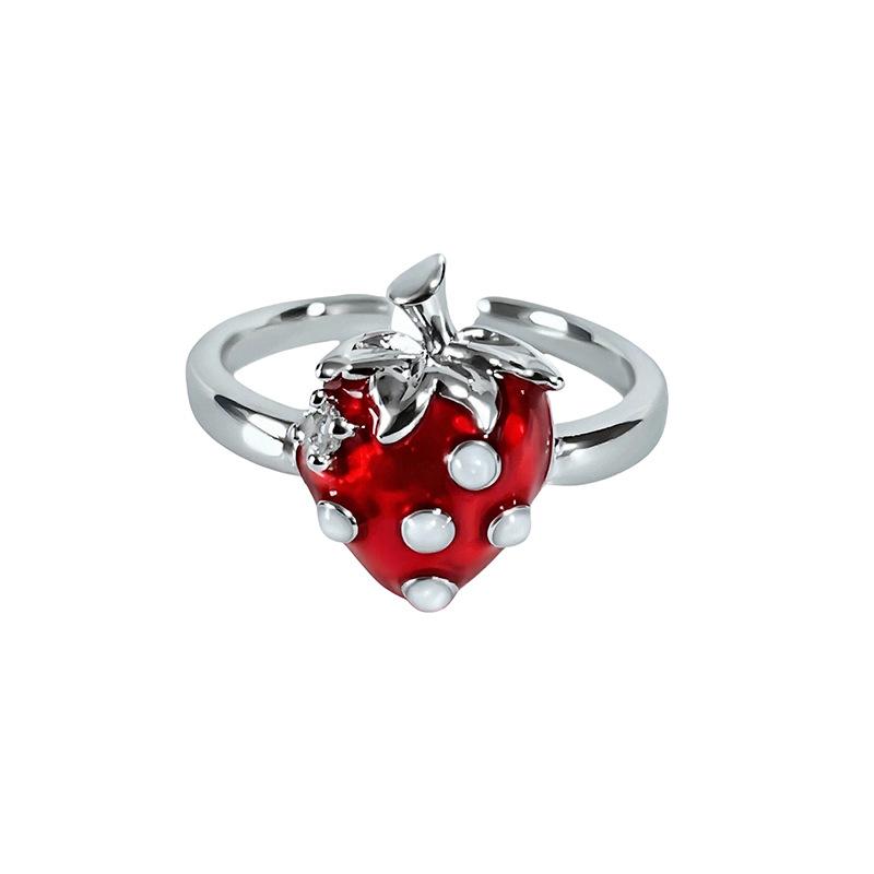 Niche Premium Stack‑Wear Open Ring Vibrant Sweet Girly Fruit Enamel Drop‑Glaze Strawberry Zircon Adjustable Fashion Jewelry