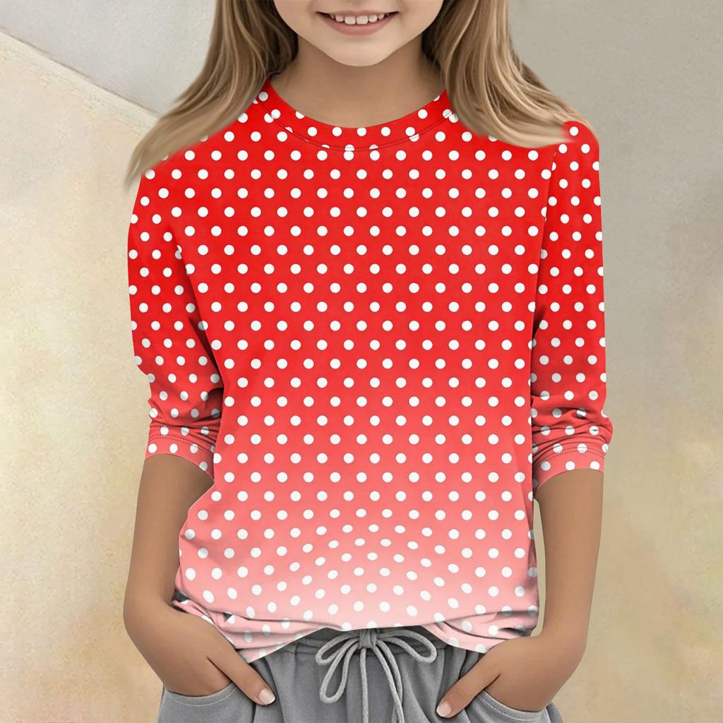 Kids Polka Dot Print Crew Neck Three Quarter Sleeve Casual T Shirt Comfortable Fit Soft Fabric Durable Stitching Suitable for Daily Wear
