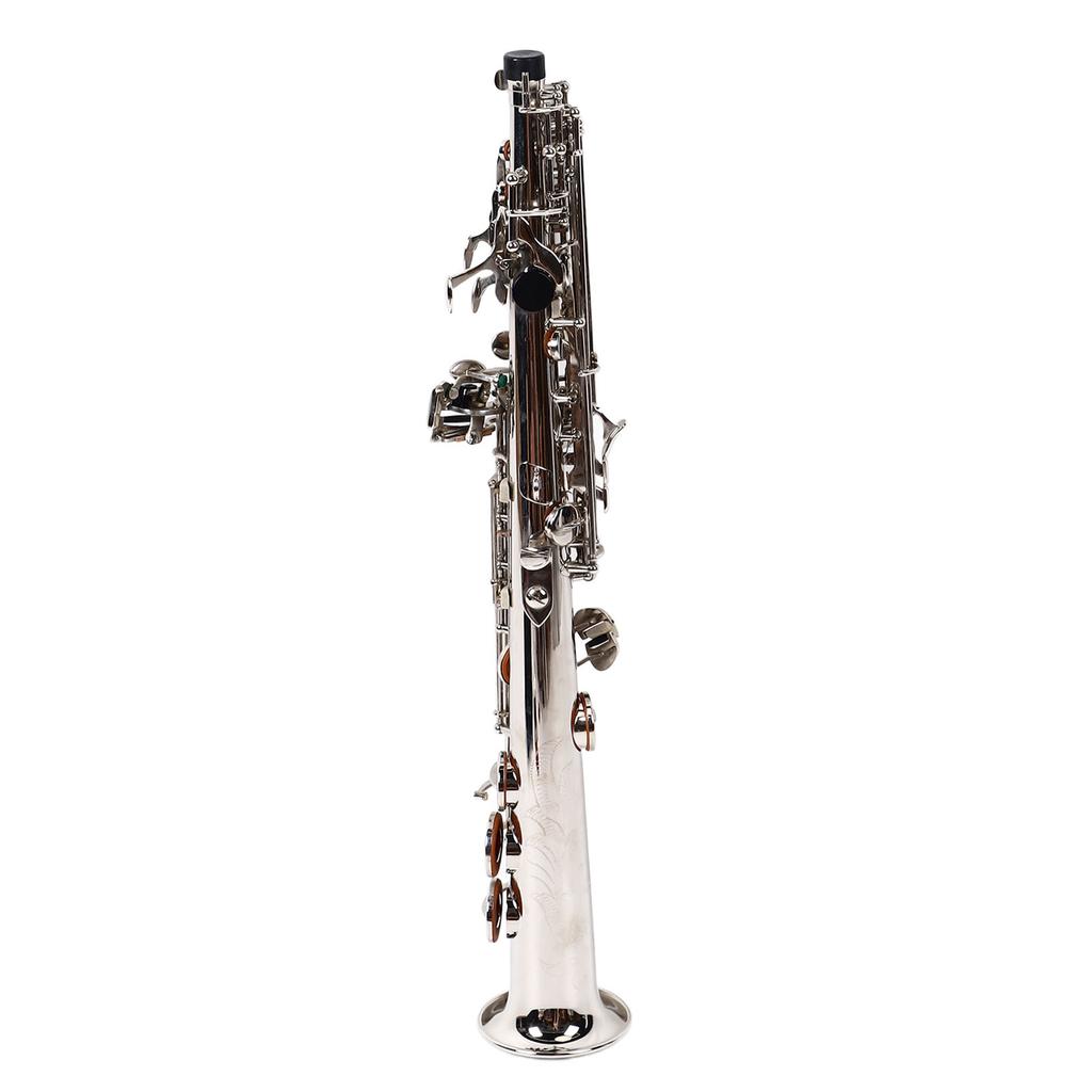 Soprano Bb Saxophone Straight Sax Set with Brass Pipe Body White Keys Woodwind Instrument Silver