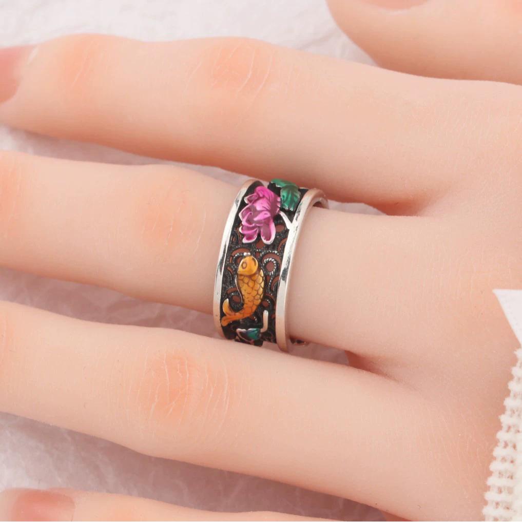Vintage Ethnic Style Enamel Lotus Flower Koi Adjustable Rings For Women Fashion New Jewelry Gift Party Birthday Anillos