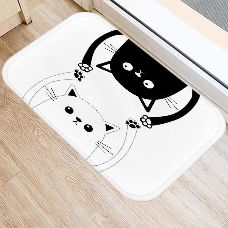 Cute Cartoon Cat Faces Carpet Black White Kawaii Minimalist Home Decoration Rug Kitchen Balcony Living Room Non-slip Floor Mat