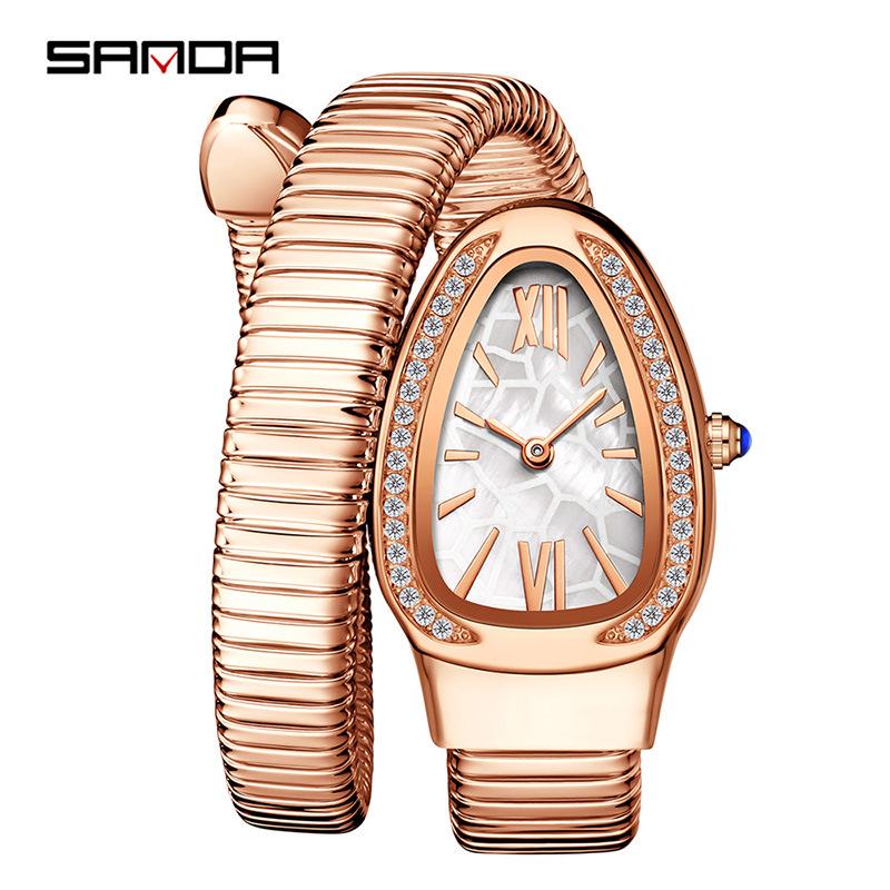SANDA Quartz Women s Snake-Shaped Rhinestone Waterproof Watch - Fashionable, Creative, and Light Luxury Design.