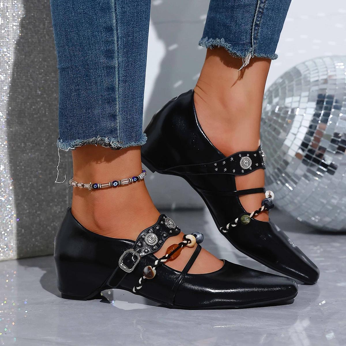 

British Vintage Beaded Mary Janes Shoes for Woman Spring 2026 Square Toe Metal Ankle Strap Pumps Woman Comfortable Heels Loafers 42 чорний