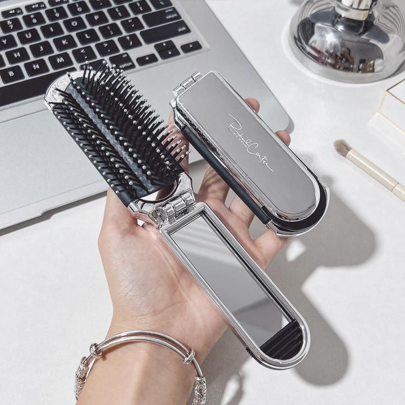 Compact Folding Air Cushion Comb & Mirror Duo – Mini Massage and Portable Haircare Essential.