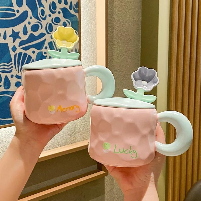 450ML Hand-Painted Flower Tea Cup Ceramic Mug Home Office Drinkware Cup Tea Coffee Milk Juice Water Bottle Creative Gift for Her