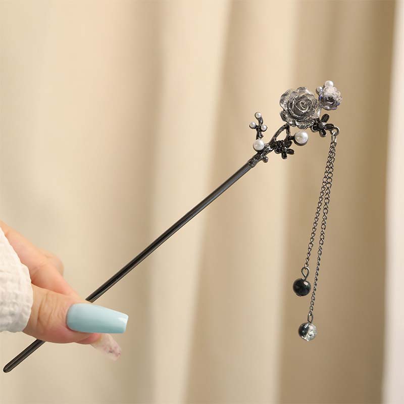 Bastoncino per Capelli con Nappa a Fiore d'Inchiostro in Metallo Vintage per Donne Moda Perline Rotonde Frangia Fermaglio per Capelli Hanfu Gioielli per Capelli Accessori