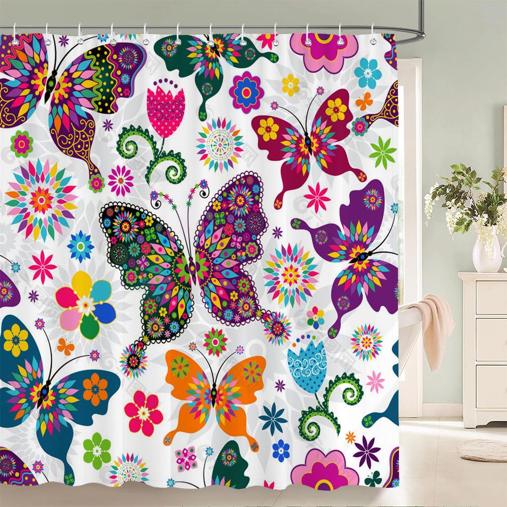 Bunte Schmetterlingsfedern 3D Duschvorhänge Badezimmervorhang mit Haken Wasserdicht 180x240 Polyesterstoff Dekoration Sichtschutz