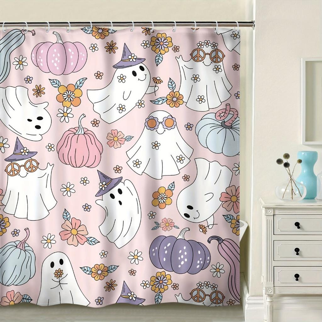 1/4Pcs Halloween Decoration Pink Cute Ghost Pattern Shower Curtain Bathroom Decor Halloween Decoration Indoor Showr Curtain