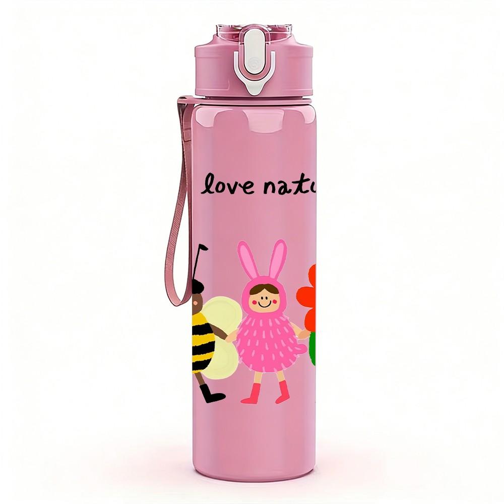 1PC Bee Bunny Flower Design 750ml Color Plastic Sports Water Bottle Leakproof Flip Straw Lid Suitable for Sports Office Home Use