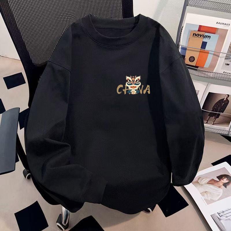 Men's American Retro Lion Hoodie – Thick, Loose, Versatile, Plus Velvet, Round Neck for Autumn/Winter