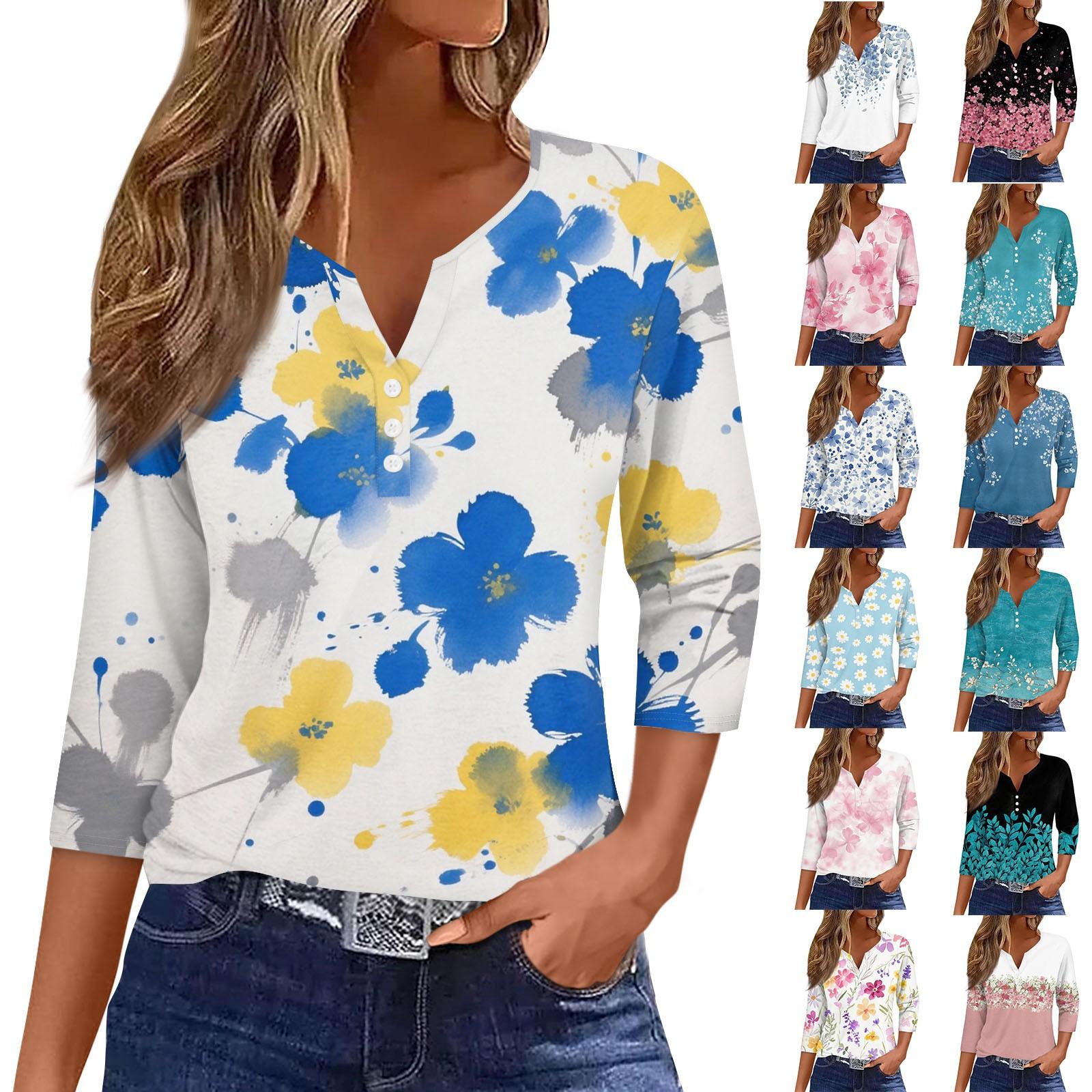 

Жіноча футболка з принтом на ґудзиках, рукав 3/4, щоденна мода на вихідні, базовий V-подібний виріз, звичайний топ XXL ціан