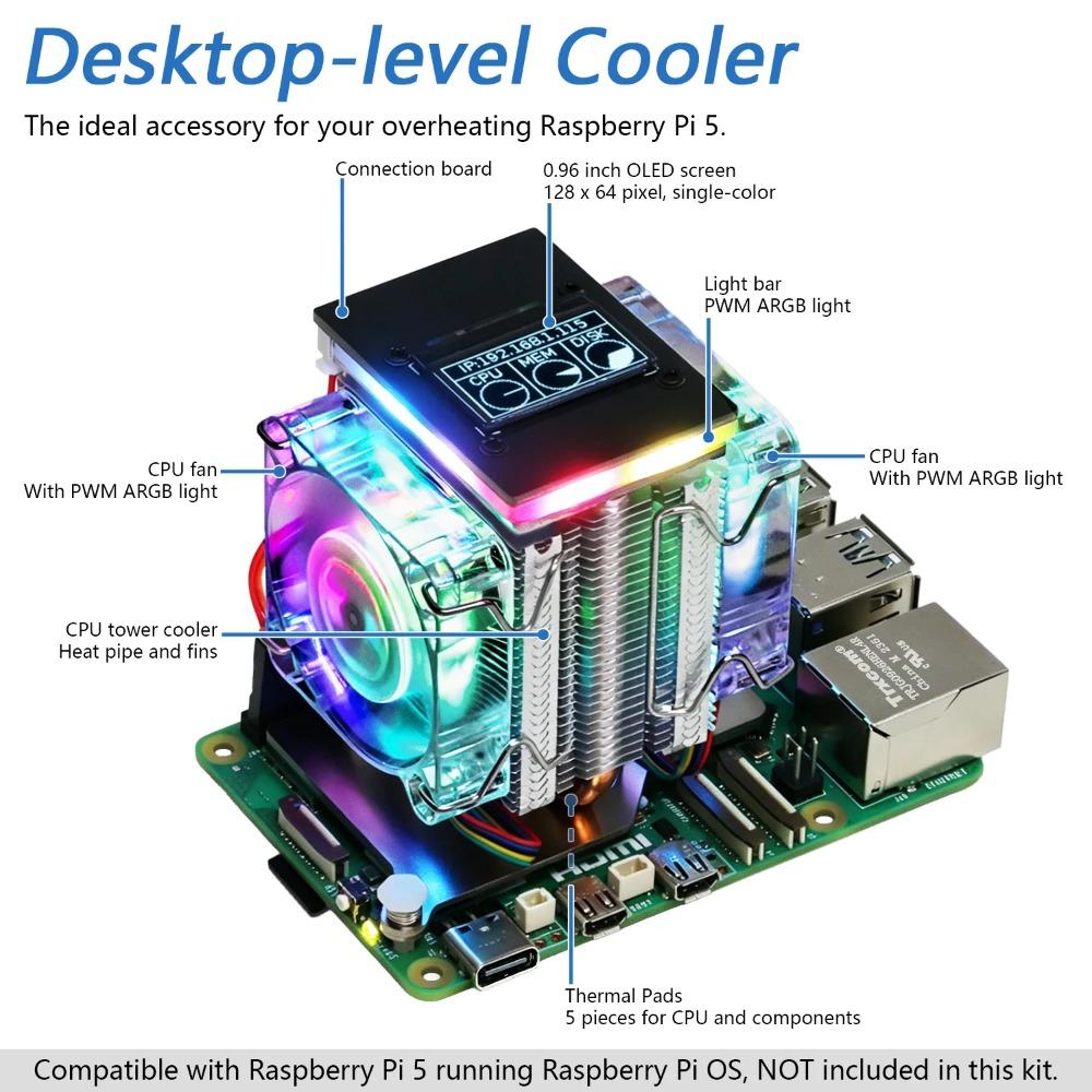 Refroidisseur Actif Freenove pour Raspberry Pi 5 Dissipateur Thermique, 1 / 2 Ventilateurs PWM Synchronisation Lumière ARGB, Écran OLED, Modes de Refroidissement et d'Éclairage Multiples
