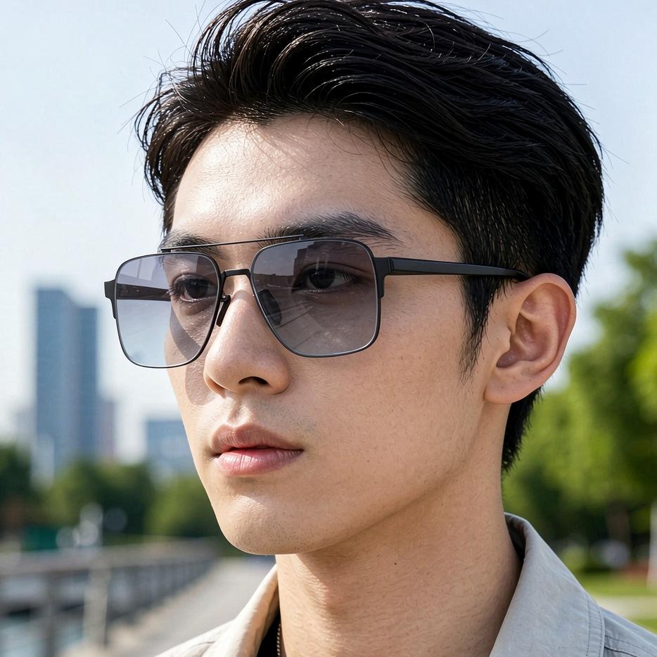 New retro double beam metal frame sunglasses for men and women outdoor versatile photosensitive discoloration trendy cool sunscreen sunglasses