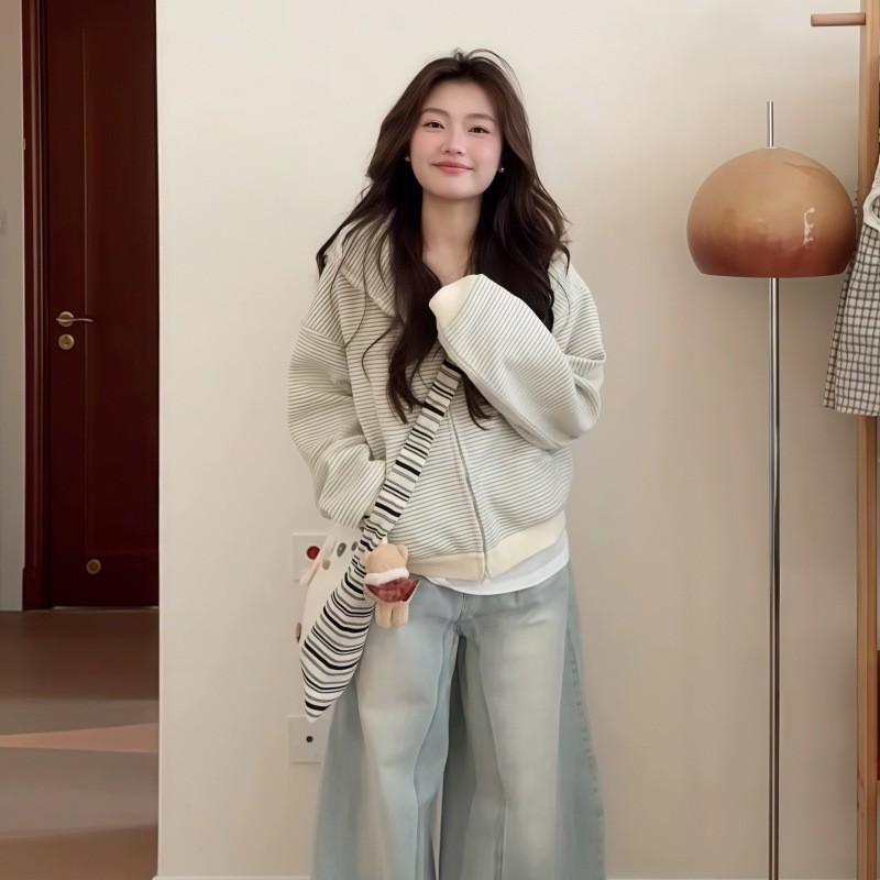 Early Korean Style Striped Hooded Sweatshirt Coat Women Short Fitted Top