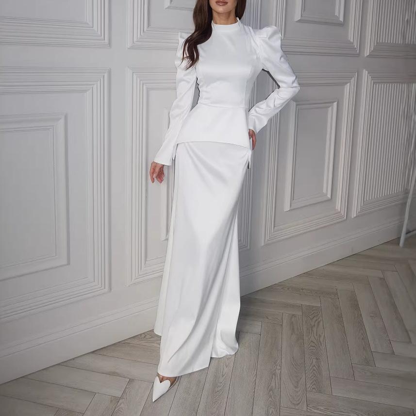 26 Europe, America, Amazon cross-border women's clothing new minimalist high-end stand-up collar bubble long-sleeved fishtail skirt set