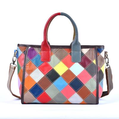 Sac rétro en cuir véritable pour femme, sac messager de grande capacité, coutures à carreaux colorés, mode