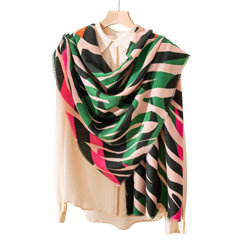 Spring and Autumn New Wave Print Contrast Color Imitation Cashmere Scarf Women's Scarf Shawl High End Mid Length Style