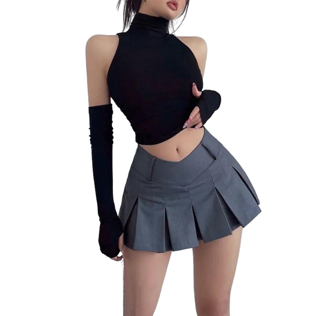 Women's Turtleneck Sleeveless Short Pleated Top With Sleeves