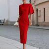 Estivo e autunnale europeo, americano, nuovo elegante temperamento gonna tinta unita aderente semplice abito da pendolare