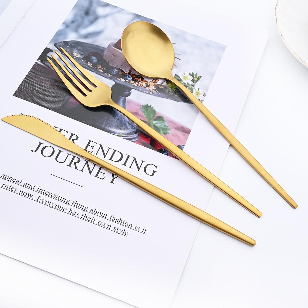 JANKNG 24Pcs Matte Dinnerware Golden Knife Fork Dessert Spoons Flatware Set Stainless Steel Cutlery Set Kitchen Silverware Set