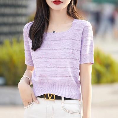 New Loose and Slimming High-waisted Short-sleeved Colored Yarn Knitted T-shirt